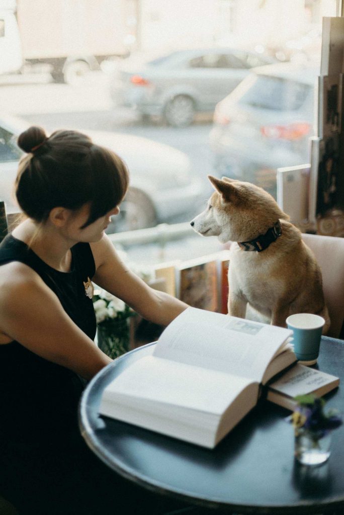 Chica estudiando con su perro de compañero en restaurante Pet Friendly