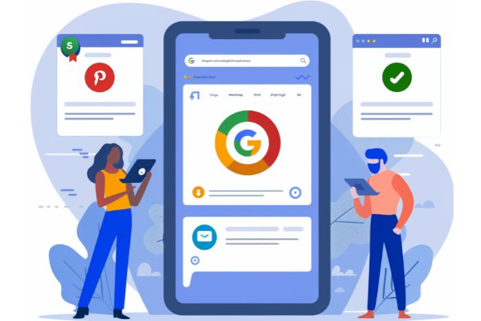 Un hombre y una mujer analizando datos en tablets para auditar la calidad y reputación web bajo el estándar Google E-E-A-T