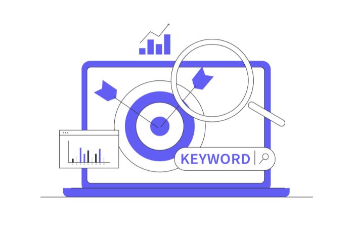 Una lupa analiza un objetivo en la pantalla de un ordenador portátil que muestra la repetición artificial de términos de búsqueda o keyword stuffing