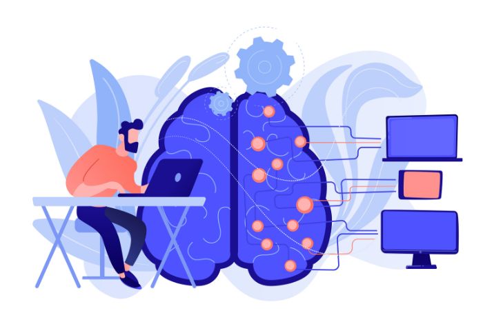 Un hombre trabaja en su portátil conectado a un gran cerebro digital con conexiones neuronales que envían información a distintas pantallas, representando el funcionamiento de los LLMs