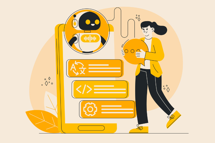Una persona sostiene un bocadillo de diálogo junto a un teléfono inteligente que muestra un robot de inteligencia artificial y módulos de código para optimización GEO