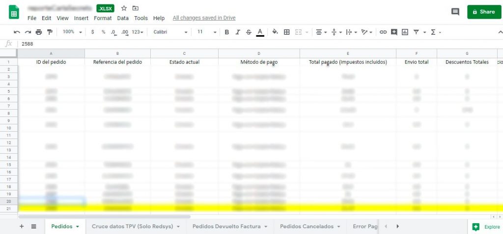 Excel de un reporte de ventas para presentar la declración de iva de tienda prestashop