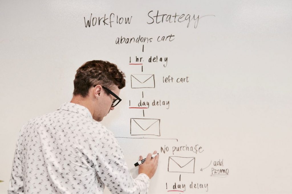 Chico realizando diagrama de estrategias para vender a través de emails