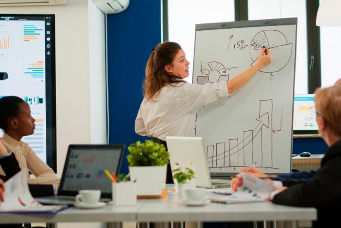 Equipo de trabajo discutiendo estrategia de publicidad Equipo de trabajo discutiendo estrategia de publicidad