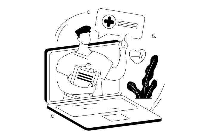 Ilustración de una consulta médica virtual en un ordenador portátil para ejemplificar las temáticas delicadas de tipo YMYL (Your Money Your Life)